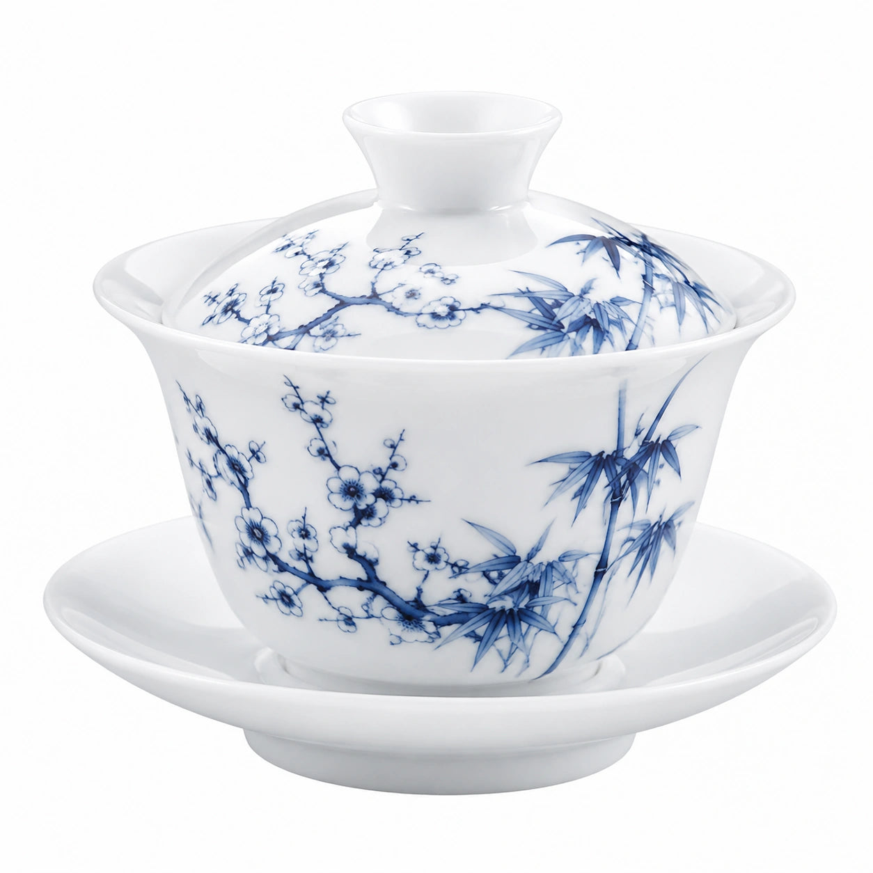 Gaiwan Teetasse 150 ml Porzellan Weiß Blau mit Deckel und Untertasse