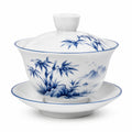 Gaiwan-Teeschale 10.5 cm aus Porzellan Weiß Blau mit Deckel und Untertasse