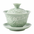 Teeschale mit Deckel und Untertasse 150 ml Porzellan Hellgrün mit Blumenrelief