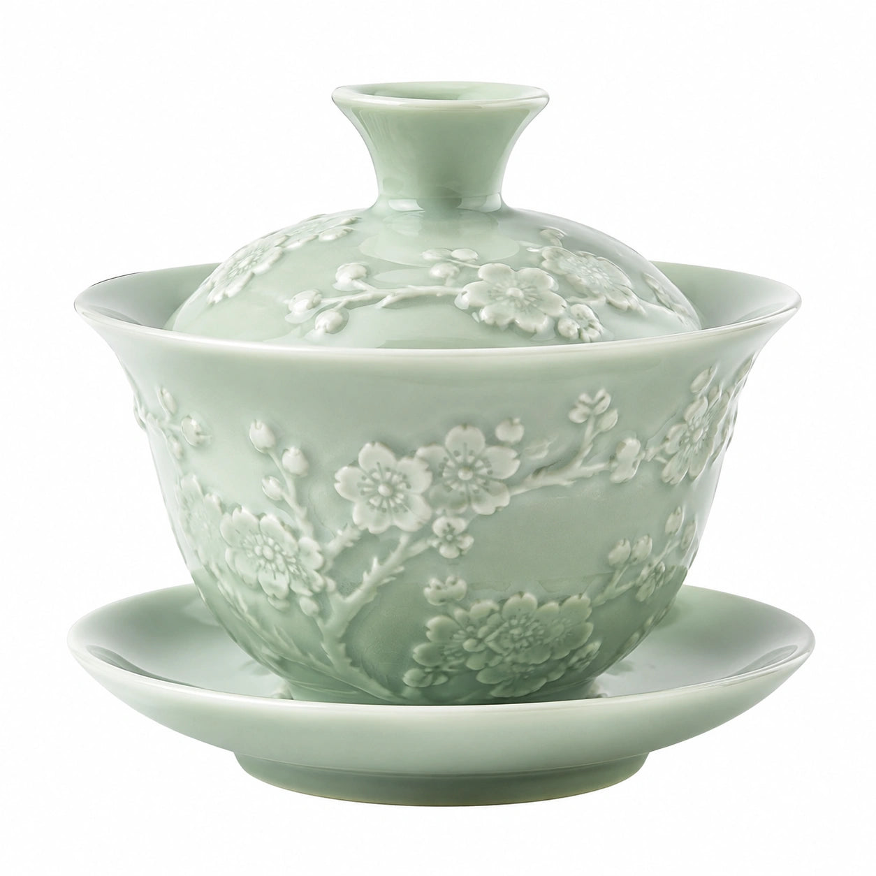 Teeschale mit Deckel und Untertasse 150 ml Porzellan Hellgrün mit Blumenrelief