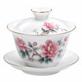 Porzellan Gaiwan Teetasse 180 ml Weiß Rosa mit Blumenmotiv und Deckel