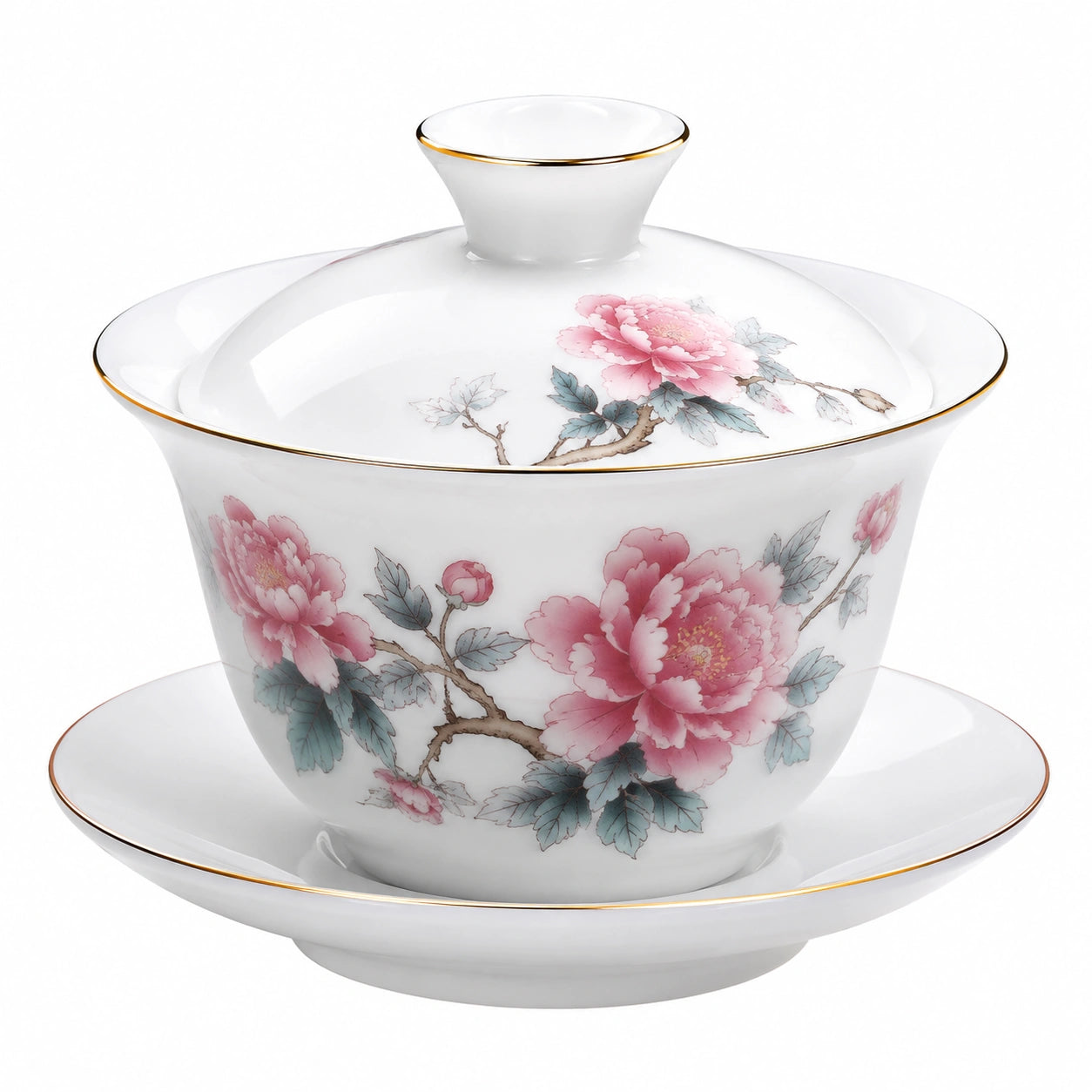 Porzellan Gaiwan Teetasse 180 ml Weiß Rosa mit Blumenmotiv und Deckel
