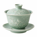 Gaiwan Teeschale 150 ml aus Keramik Jadegrün mit Deckel und Untertasse Blumenrelief