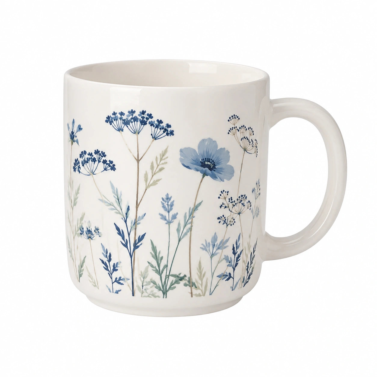 Keramiktasse 350 ml Weiß mit blauem Blumenmuster - Henkel für Heißgetränke