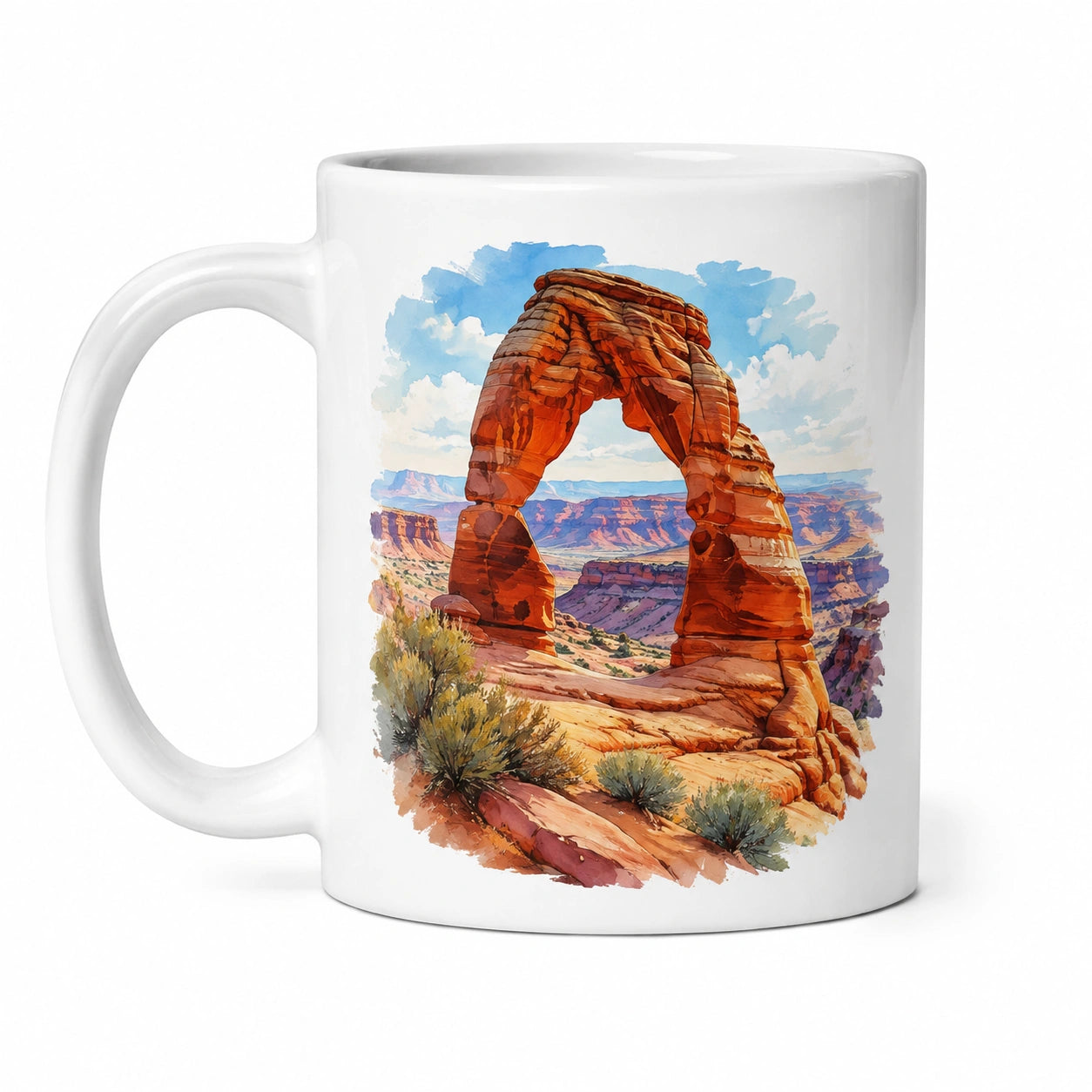 Keramiktasse 330 ml Weiß mit Felsenbogen Landschaftsmotiv für Heißgetränke
