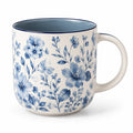 Keramiktasse 400 ml Blau Weiß mit Blumenmuster und Henkel