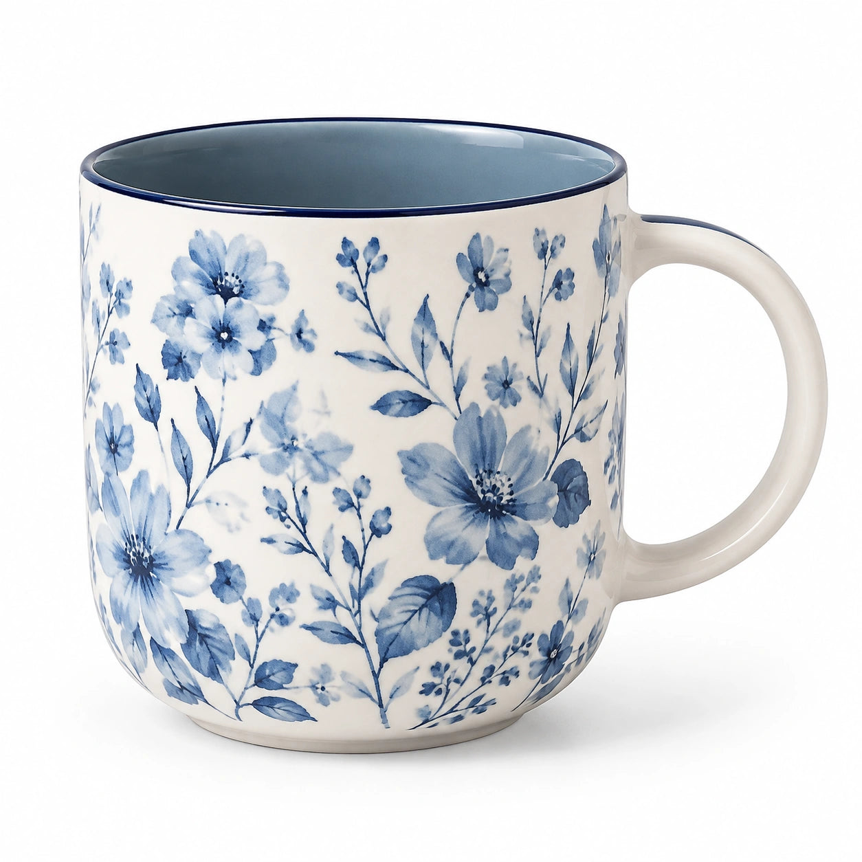 Keramiktasse 400 ml Blau Weiß mit Blumenmuster und Henkel