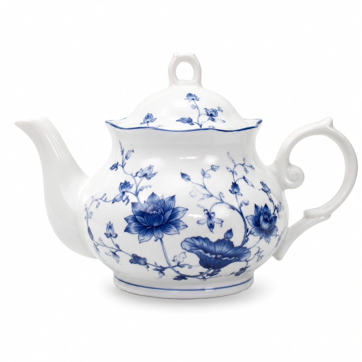 Porzellan-Teekanne 1.20 L Weiß Blau mit Blumenmuster und Deckel