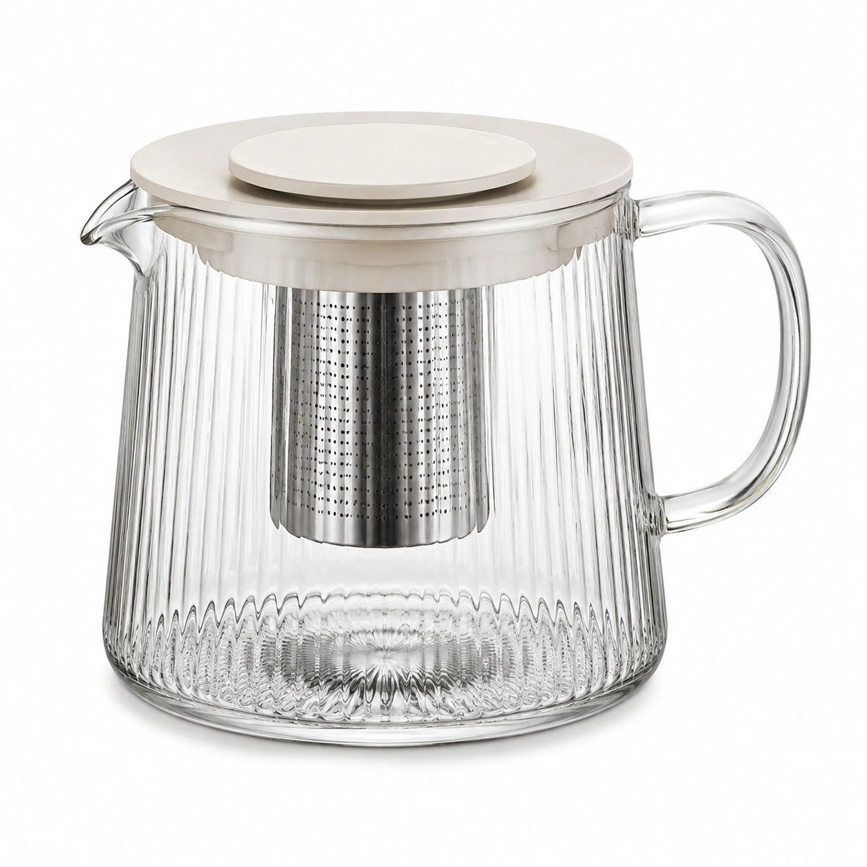 Teekanne 1.2 L aus Glas transparent mit Edelstahlfilter und Deckel creme geripptes Design