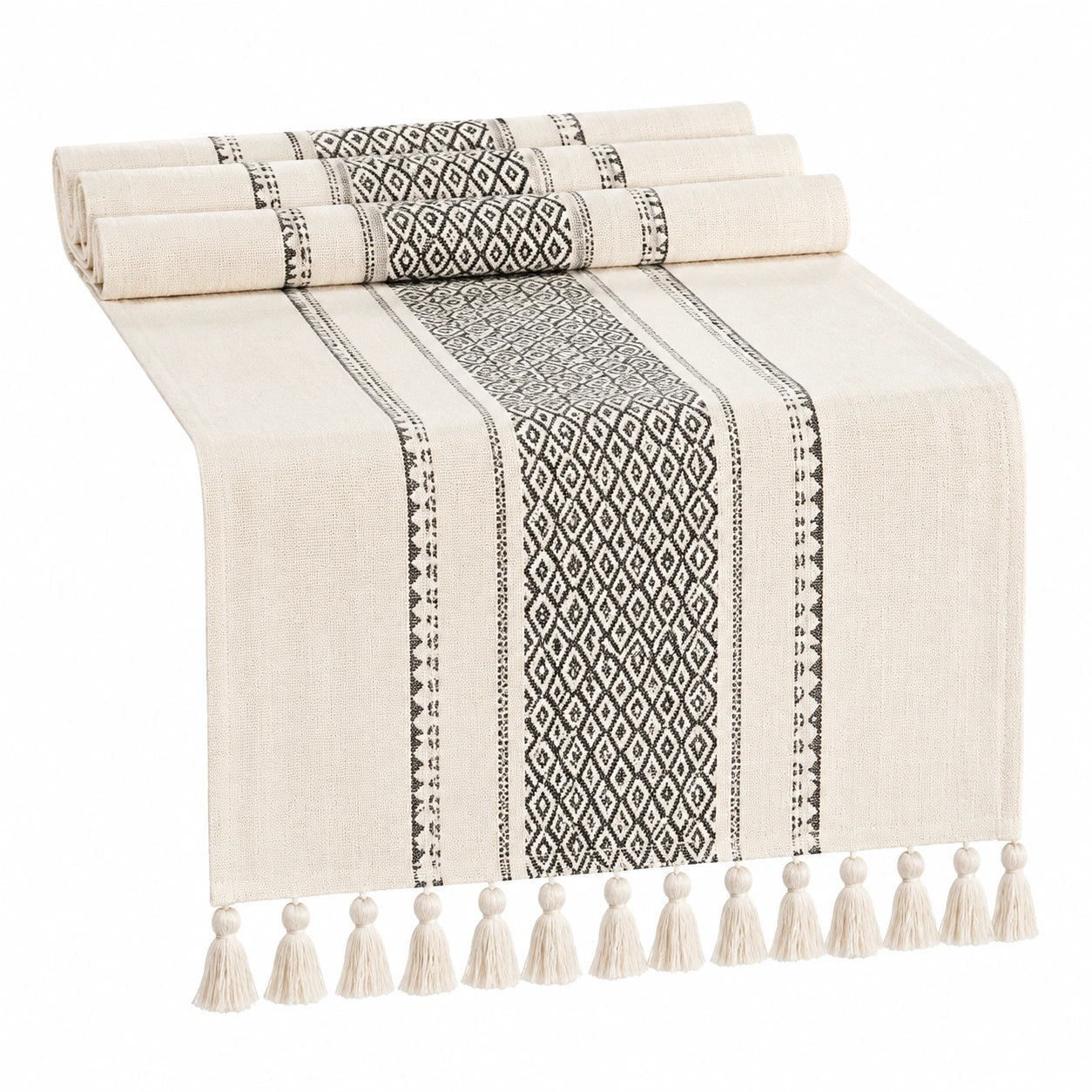 Tischläufer 180 x 35 cm Gewebe Beige Schwarz mit Fransen im Ethno-Stil